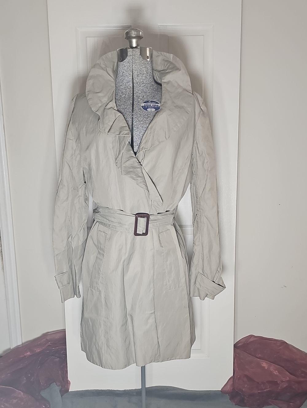 Ann Taylor LOFT Cotton Metallic Belted Crinkle Trench Coat Jacket Sandstone Medi